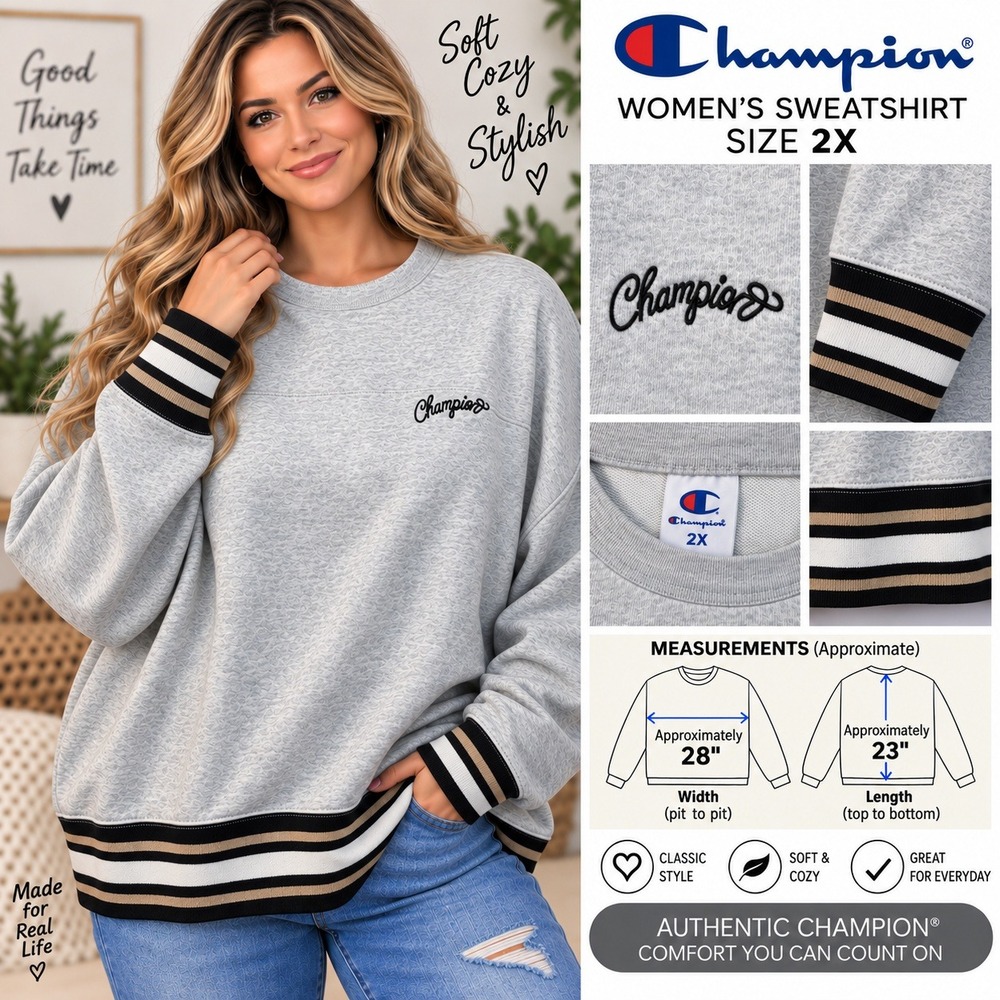 Champion Womens Sweatshirt 2X Grey Heather Striped Trim Pullover Cropped New